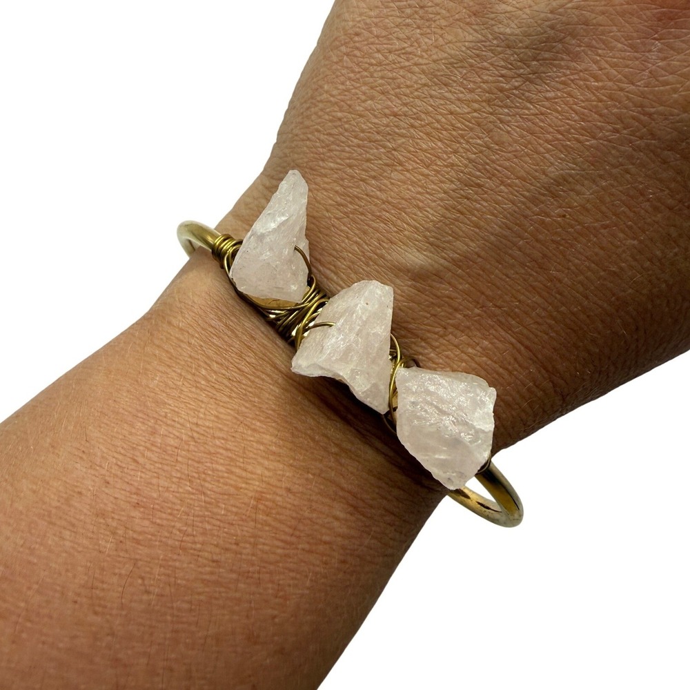 Gold Tone Rose Quartz Raw Stone Wire Wrapped Cuff Bracelet Boho Fairycore